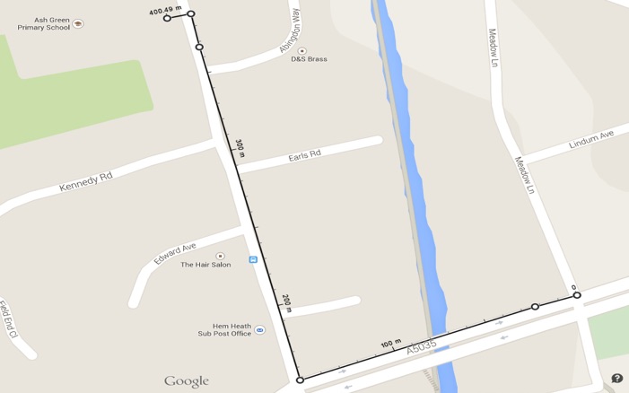 Ash Green Primary School 400m + 900m = 1300m.