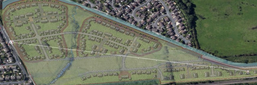 Straight line measurement from site entrance to the last house.